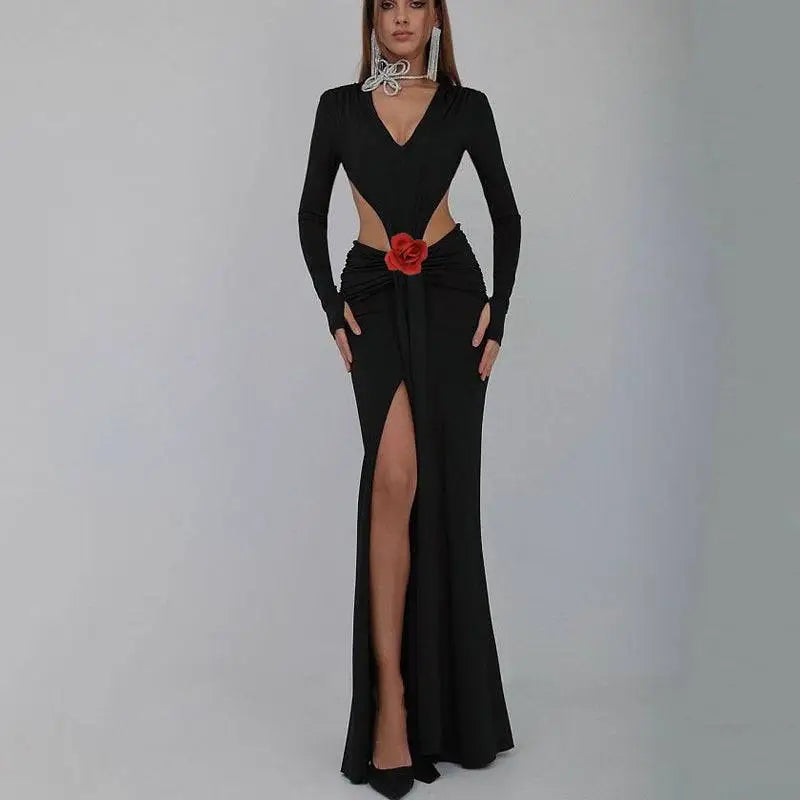 Black v-neck backless long sleeves skirt waist gown with plunging neckline side cutouts and red floral accent