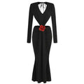 Black v-neck backless long sleeves mermaid skirt waist gown with red fabric rose accent tied at the back view