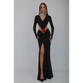 Black v-neck backless long sleeves skirt waist gown with deep v-neck, side cutouts, and red rose accent at the waist