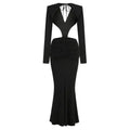 Black v-neck backless mermaid dress with long sleeves, ruched waist, and skirt waist gown shown from the back