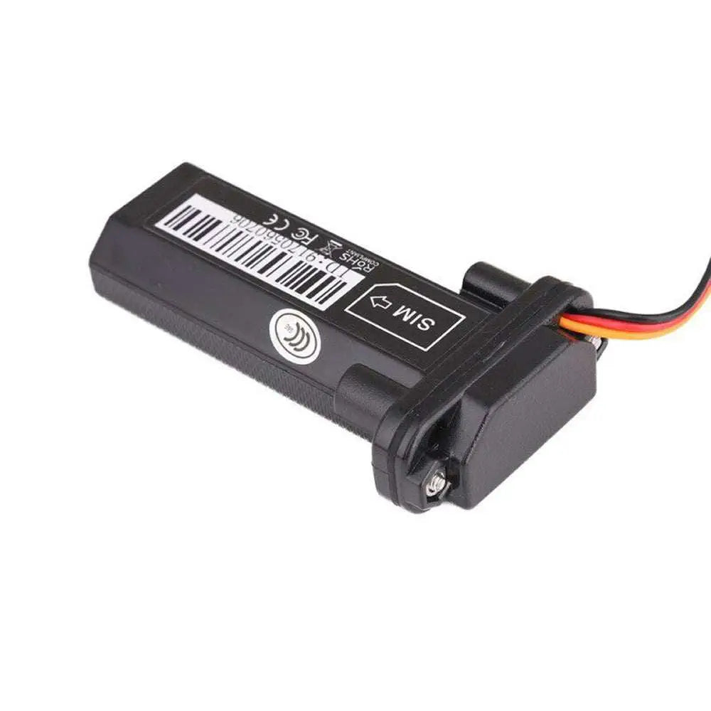 Black vehicle tracking gps locator showing backside with sim card slot and multi-colored wiring for vehicle tracking applications
