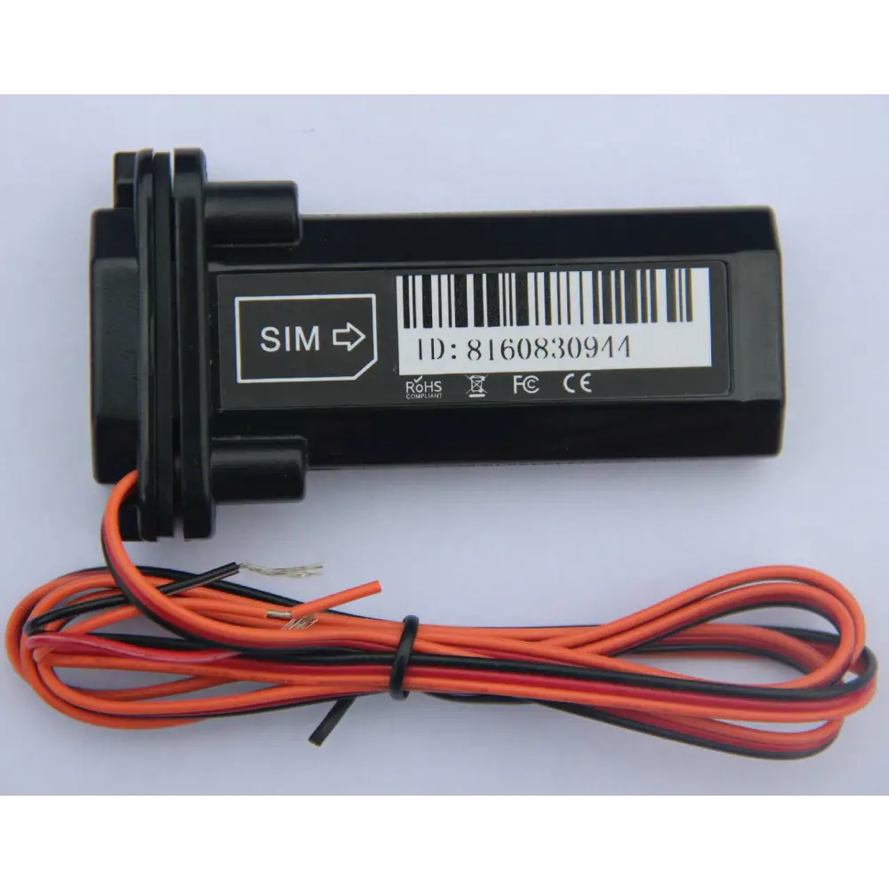 Black vehicle tracking gps locator with orange and black wiring for vehicle tracking applications and precise tracking gps locator use