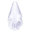 A delicate white lace veil with floral embroidery along the edges contrasting a black veil short lace headdress