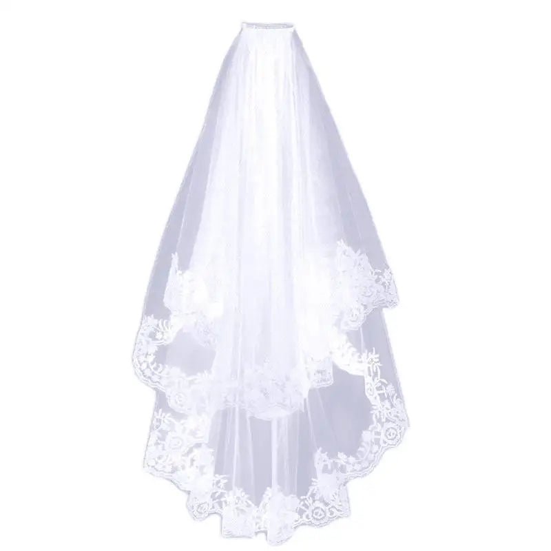 A delicate white lace veil with floral embroidery along the edges contrasting a black veil short lace headdress