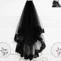 Black veil short lace headdress featuring layered tulle and intricate floral embroidery in black lace material