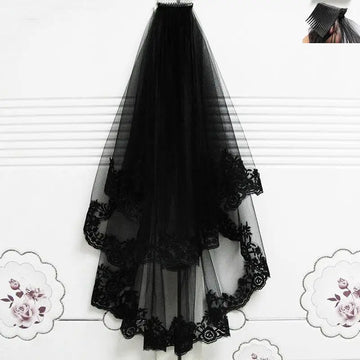 Black veil short lace headdress featuring layered tulle and intricate floral embroidery in black lace material
