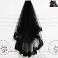 Black veil short lace headdress featuring floral embroidery and sheer tulle layers with delicate design