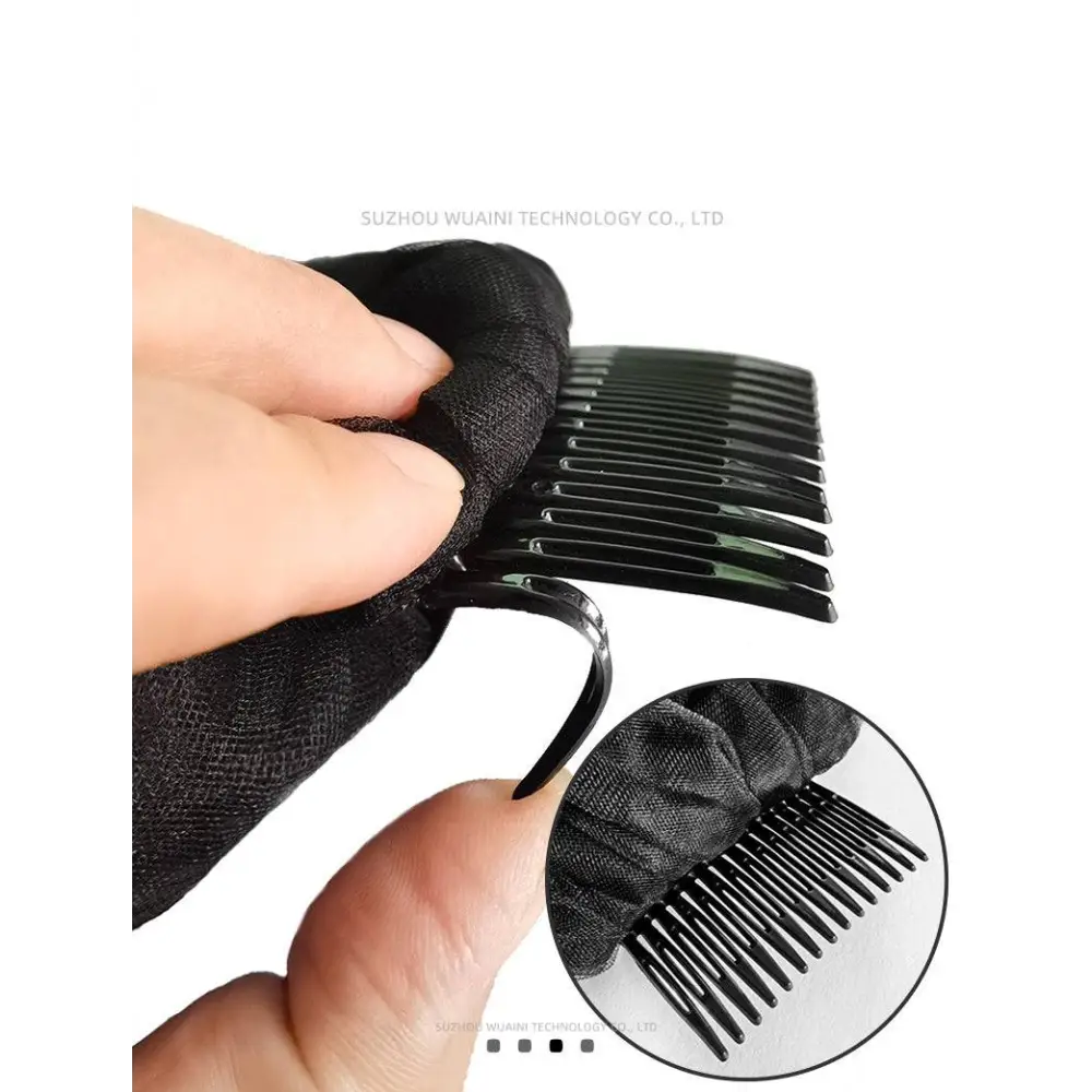 Black plastic hair comb with fabric-covered handle for black veil short lace headdress with floral embroidery