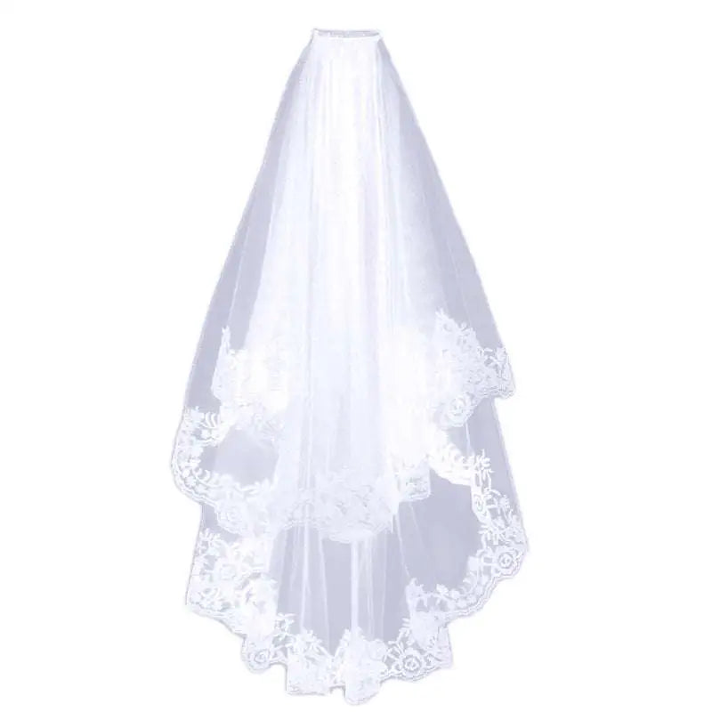 Black veil short lace headdress featuring delicate white lace with intricate floral embroidery along the hem