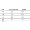 Size chart for black velvet and tulle light luxury evening dress showing chest and waist measurements XS to XXXL