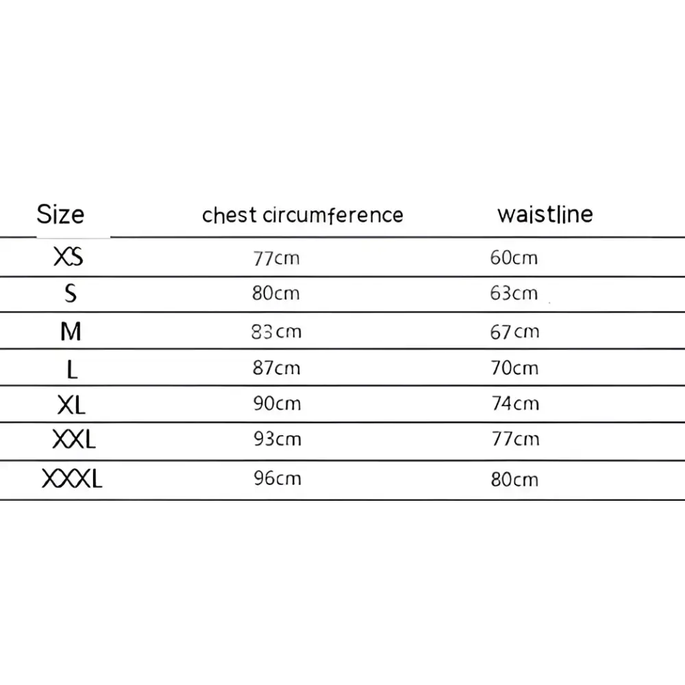 Size chart for black velvet and tulle light luxury evening dress showing chest and waist measurements XS to XXXL