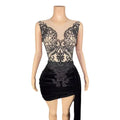 Black velvet luxury evening dress with sequined beaded sheer bodice velvet skirt lace detailing and side slit