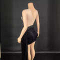 Black satin mini luxury evening dress with sheer back and beaded lace detailing for formal occasions