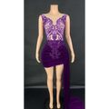 Black velvet luxury evening dress with purple velvet mini dress style and intricate lace detailing with side slit