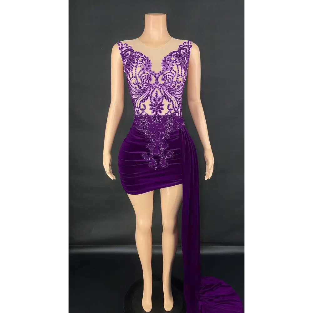 Black velvet luxury evening dress with purple velvet mini dress style and intricate lace detailing with side slit