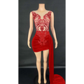 Black velvet luxury evening dress featuring a red velvet mini dress overlay with intricate lace detailing and red beading