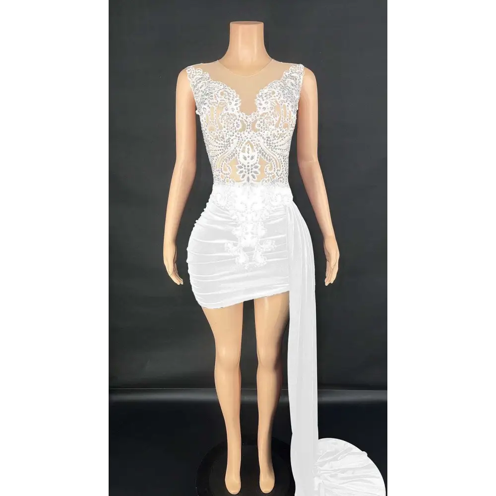 Black velvet luxury evening dress with lace detailing white lace bodice sheer overlay and side slit mini dress