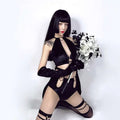 Black velvet nightclub dj female singer costume with halter top cutout details and matching long gloves featuring heart-shaped metal accents