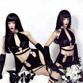 Black velvet crop top with heart-shaped metal clasps and cut-out details for nightclub dj female singer costume