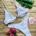 White triangle velvet summer bikini set with adjustable straps and metallic clasp for swimwear summer bikini use