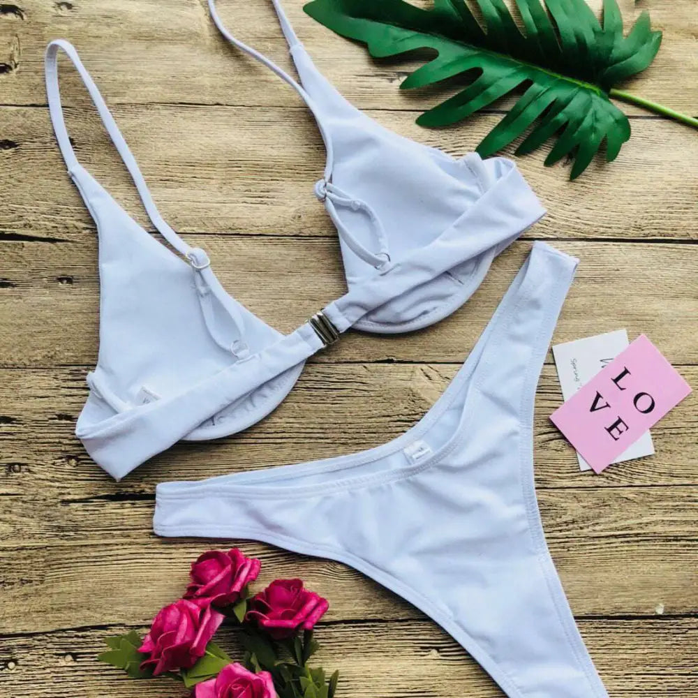 White triangle velvet summer bikini set with adjustable straps and metallic clasp for swimwear summer bikini use