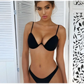 Black velvet summer bikini featuring a black underwire bra with thin straps and matching bikini bottoms