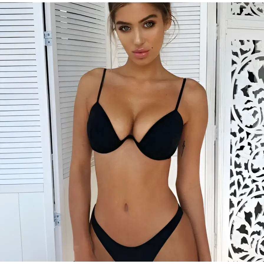 Black velvet summer bikini featuring a black underwire bra with thin straps and matching bikini bottoms