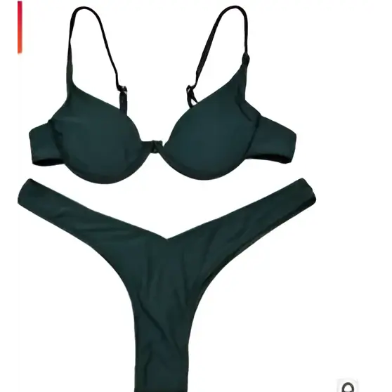 Dark green velvet summer bikini two-piece set with thin straps and minimalist design for swimwear summer bikini use