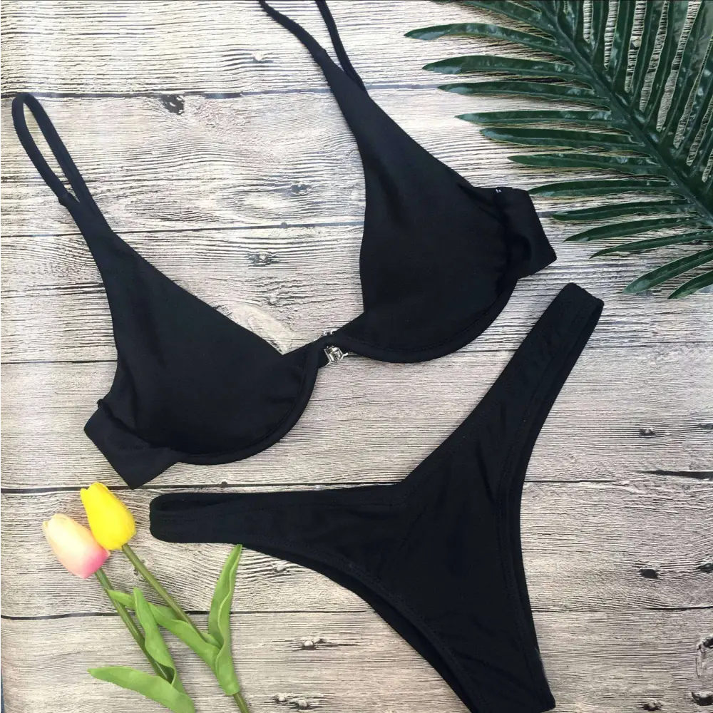 Black velvet summer bikini women swimsuit with black triangle top, thin straps, and silver clasp swimwear summer bikini