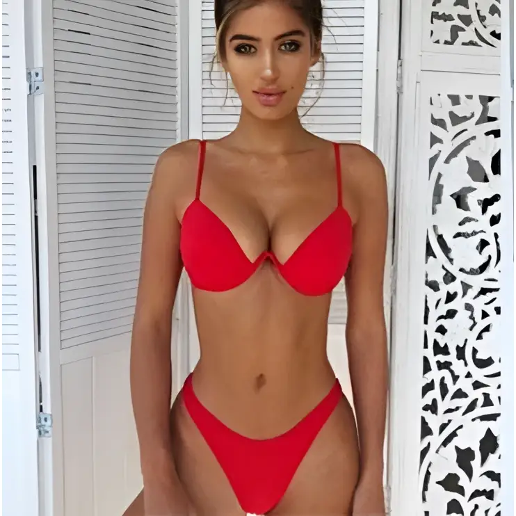 Red two-piece bikini set with thin straps and flattering cut featured in black velvet summer swimwear summer bikini collection