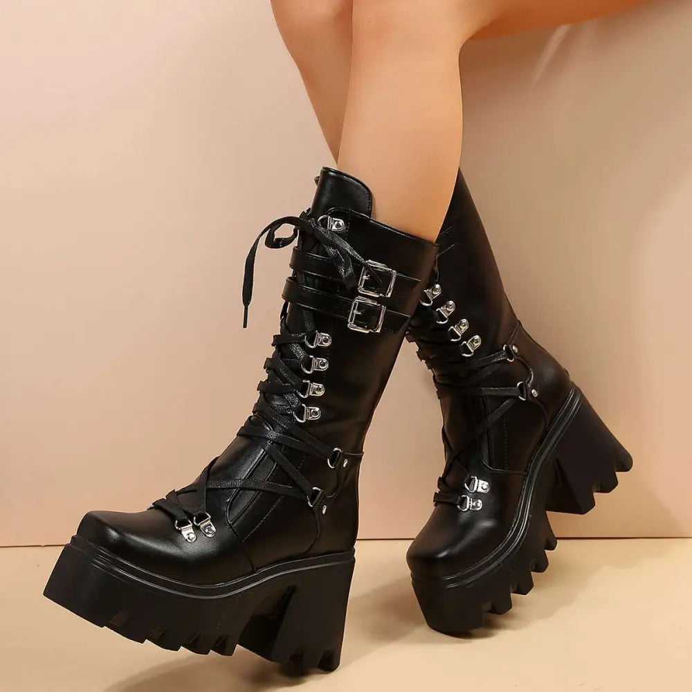 Black versatile casual leather platform boots with silver buckles and laces for stylish everyday wear