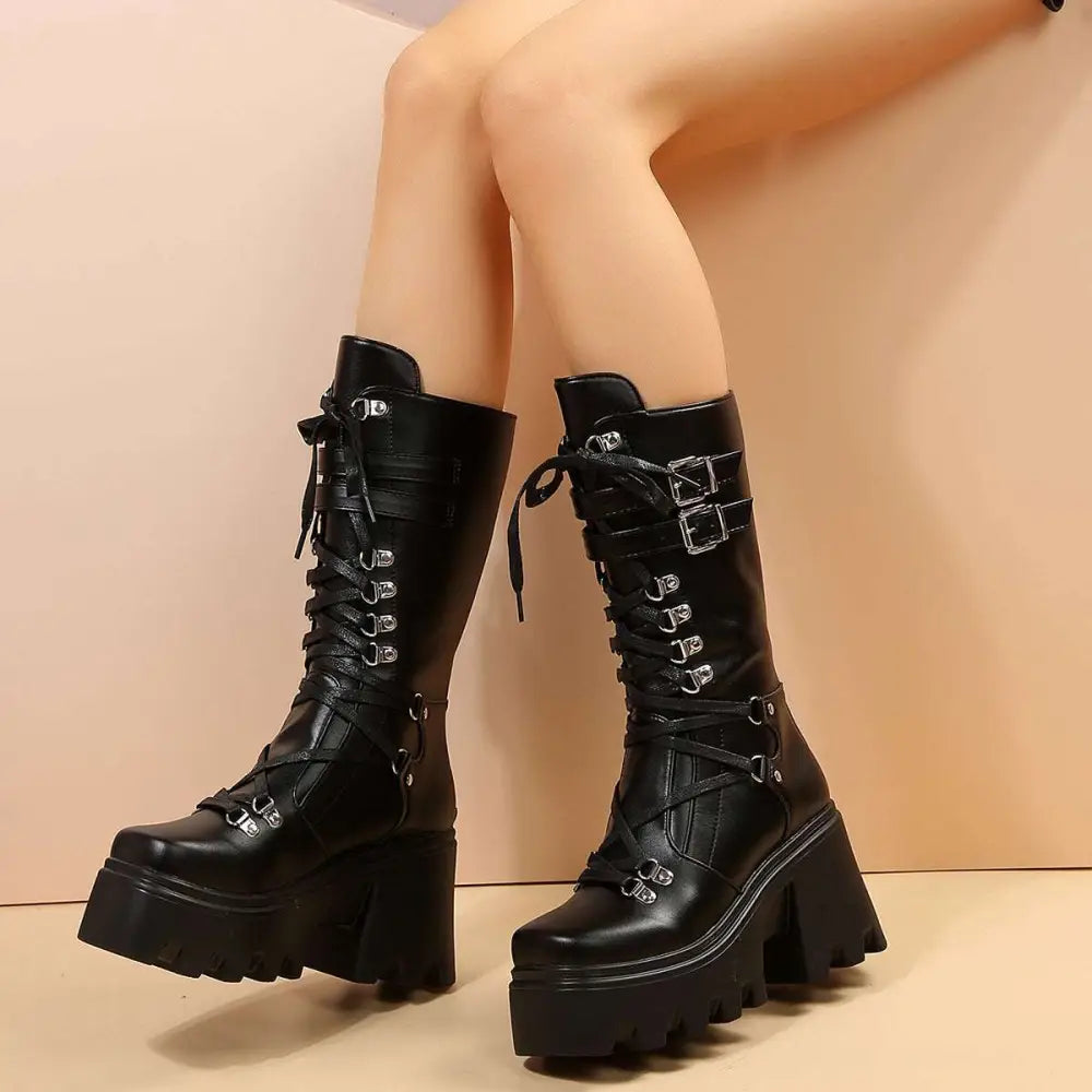 Black versatile casual leather platform boots with silver buckles and laces for stylish everyday wear