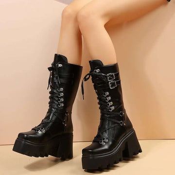 Black versatile casual leather platform boots with silver buckles and laces for stylish everyday wear