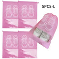 Pink transparent shoe storage bags with clear front pockets shown with black wall mounted portable women makeup bag