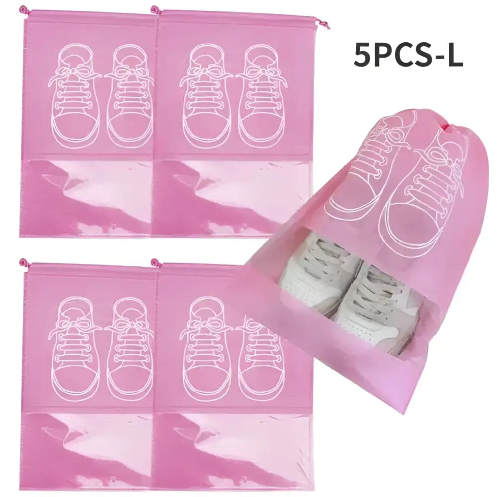 Pink transparent shoe storage bags with clear front pockets shown with black wall mounted portable women makeup bag