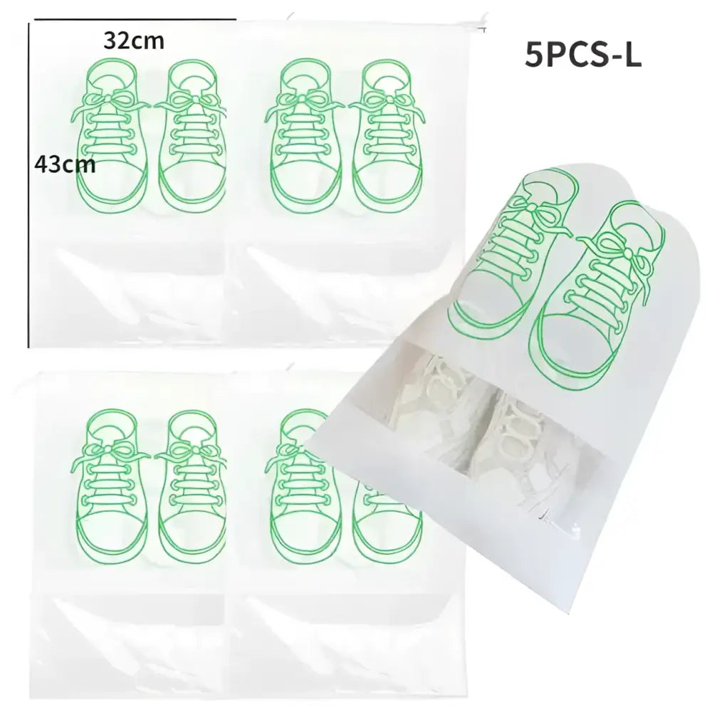 Black wall mounted portable women makeup bag with clear plastic shoe storage bags featuring green outlined sneaker designs