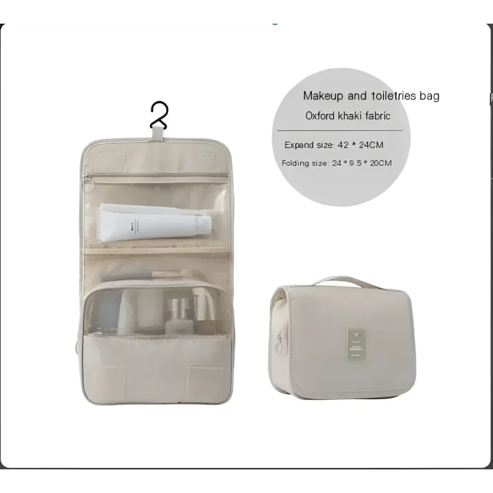 Beige oxford khaki fabric makeup and toiletries bag with clear mesh pockets and hanging hook for black wall mounted portable women use
