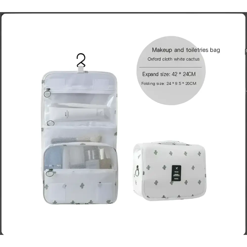 White cactus-patterned oxford cloth makeup and toiletries bag featured in black wall mounted portable women makeup bag design