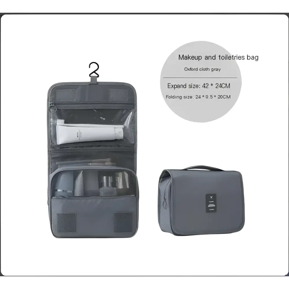 Black wall mounted portable women makeup bag in gray oxford cloth with clear pockets, hanging hook, and top handle