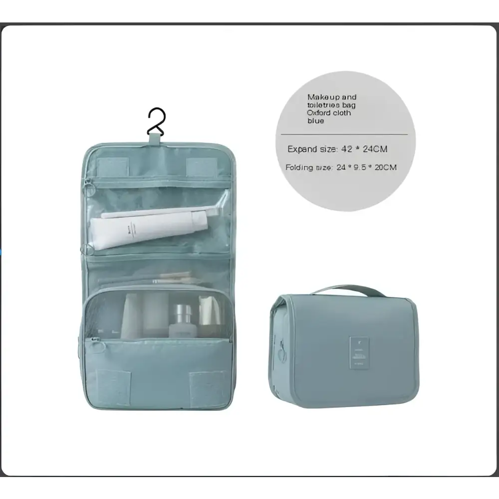 Light blue oxford cloth portable women makeup bag with mesh compartments and hanging hook for black wall mounted use