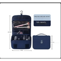 Deep blue high capacity travel toiletry organizer with multiple compartments and hanging hook for black wall mounted portable women makeup bag