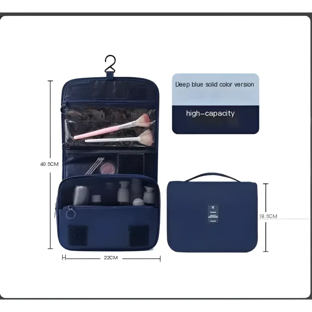 Deep blue high capacity travel toiletry organizer with multiple compartments and hanging hook for black wall mounted portable women makeup bag