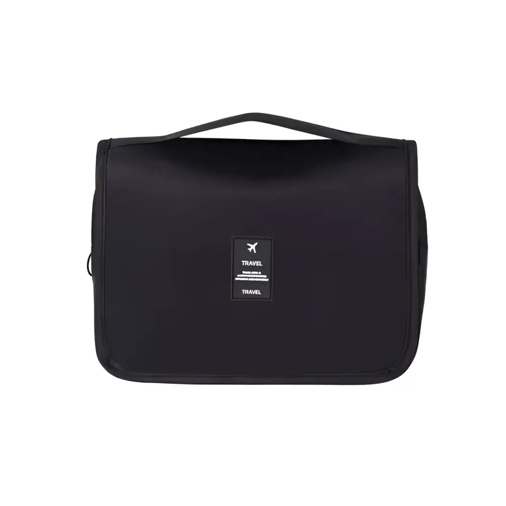 Black wall mounted portable women makeup bag with minimalist black toiletry design and travel label with airplane icon