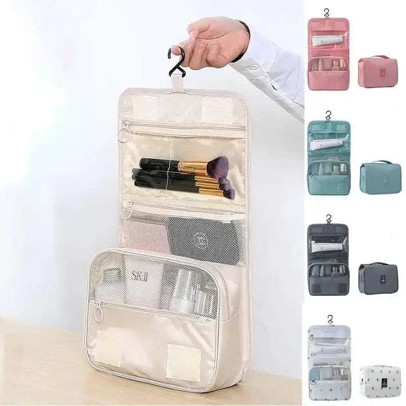 Black wall mounted portable women makeup bag with five zippered compartments and embroidered brand name