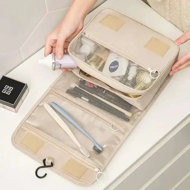 Beige mesh portable women makeup toiletry organizer with compartments and hook for hanging, black wall mounted style