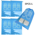 Black wall mounted portable women makeup bag with blue transparent shoe storage bags and white sneaker outlines