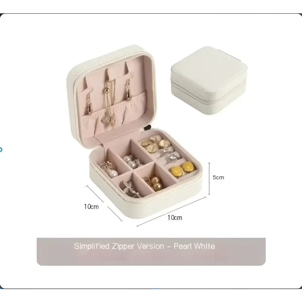 Pearl white zipper-top jewelry box with soft compartments and padded earring holders in black wall mounted portable women makeup bag