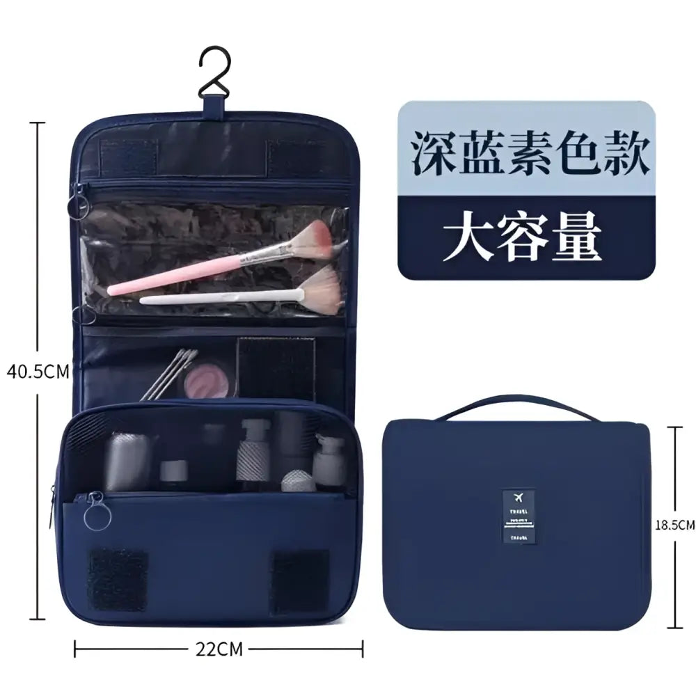 Black wall mounted portable women makeup bag in deep navy blue with clear front pocket and mesh compartments