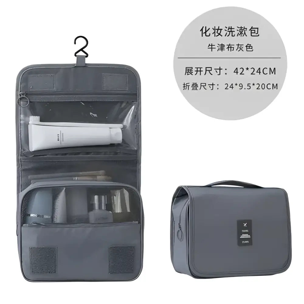 Gray fabric toiletry bag with mesh compartments and hanging hook for black wall mounted portable women makeup storage