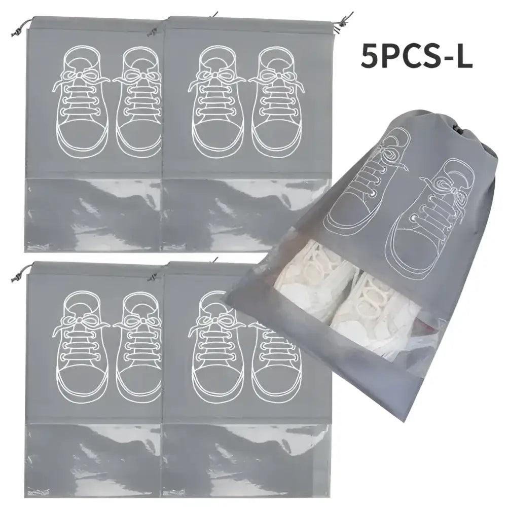 Black wall mounted portable women makeup bag with gray translucent shoe storage bags featuring white sneaker outlines